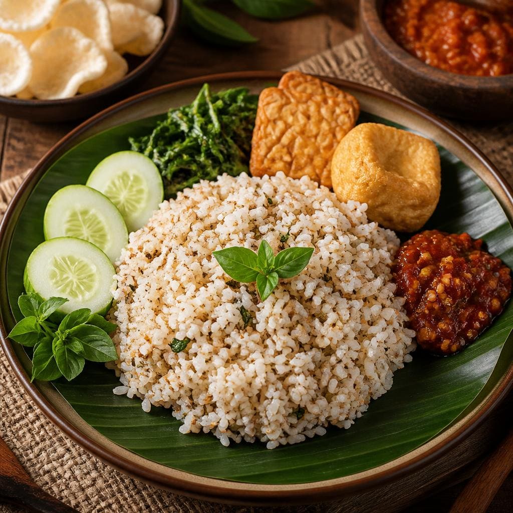 Nasi Tutug Te Sate dengan nasi berbumbu gurih dan pelengkap khas